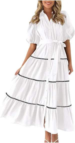 Women's Summer Button Down Shirt Dress Short Puffy Sleeve Tiered Ruffle Flowy Long Maxi Dresses Vocation Party Dress
