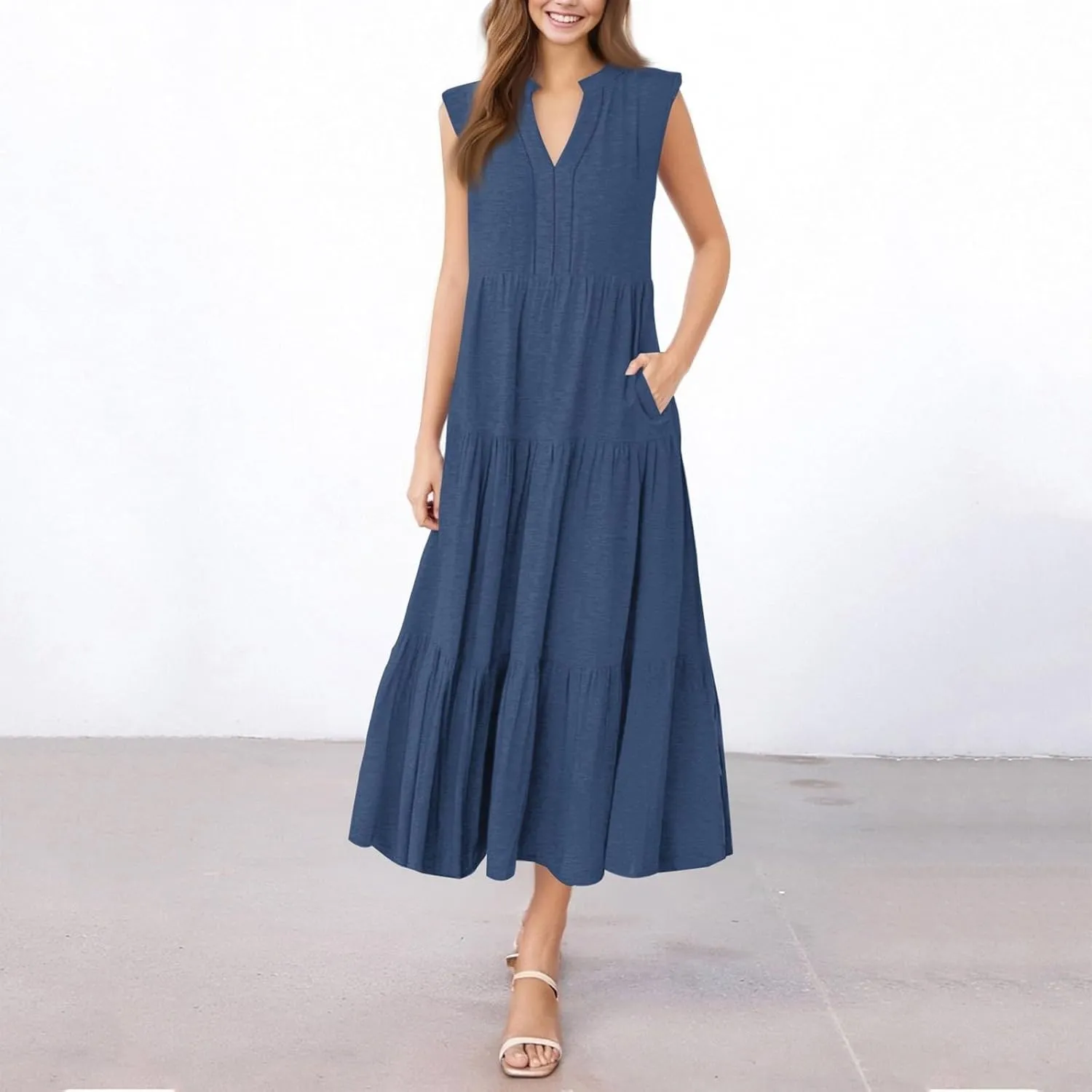 Womens Summer Casual Sleeveless V Neck Maxi Dress 2025 Spring Tie Waist A-Line Flowy Tiered Boho Long Beach Sundress