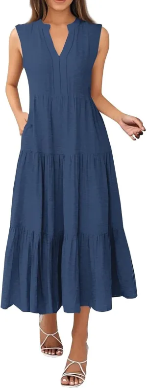 Womens Summer Casual Sleeveless V Neck Maxi Dress 2025 Spring Tie Waist A-Line Flowy Tiered Boho Long Beach Sundress