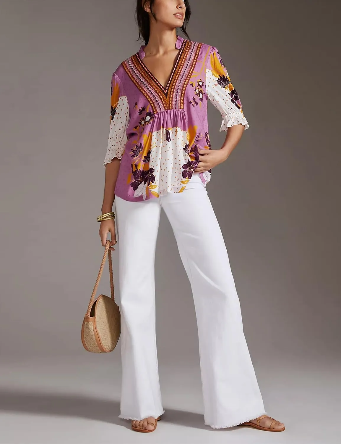 Women’s Summer Causal Boho Blouse Floral V Neck Ruffle Half Puff Sleeve Shirts 2025 Trendy Loose Fit Beach Tops