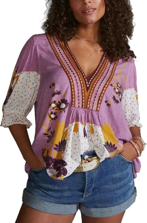 Women’s Summer Causal Boho Blouse Floral V Neck Ruffle Half Puff Sleeve Shirts 2025 Trendy Loose Fit Beach Tops