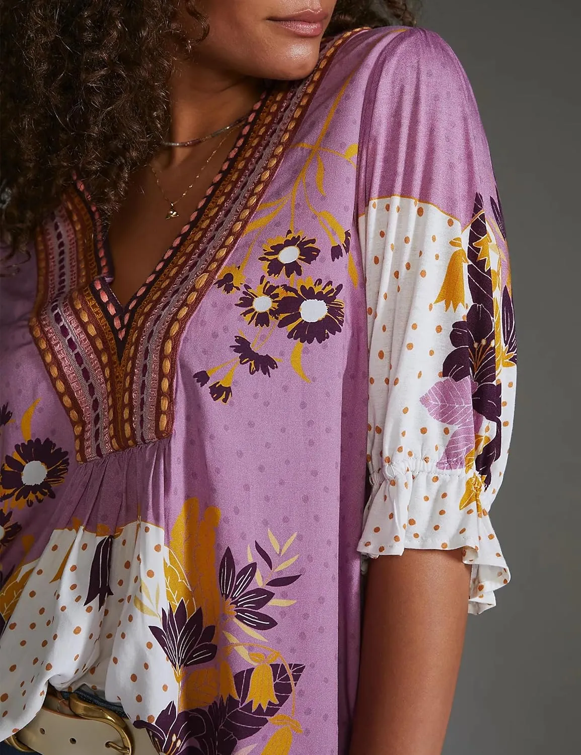 Women’s Summer Causal Boho Blouse Floral V Neck Ruffle Half Puff Sleeve Shirts 2025 Trendy Loose Fit Beach Tops