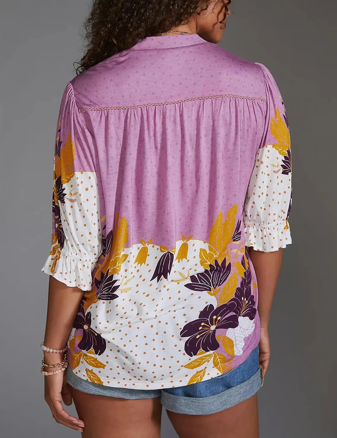 Women’s Summer Causal Boho Blouse Floral V Neck Ruffle Half Puff Sleeve Shirts 2025 Trendy Loose Fit Beach Tops