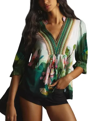 Women’s Summer Causal Boho Blouse Floral V Neck Ruffle Half Puff Sleeve Shirts 2025 Trendy Loose Fit Beach Tops