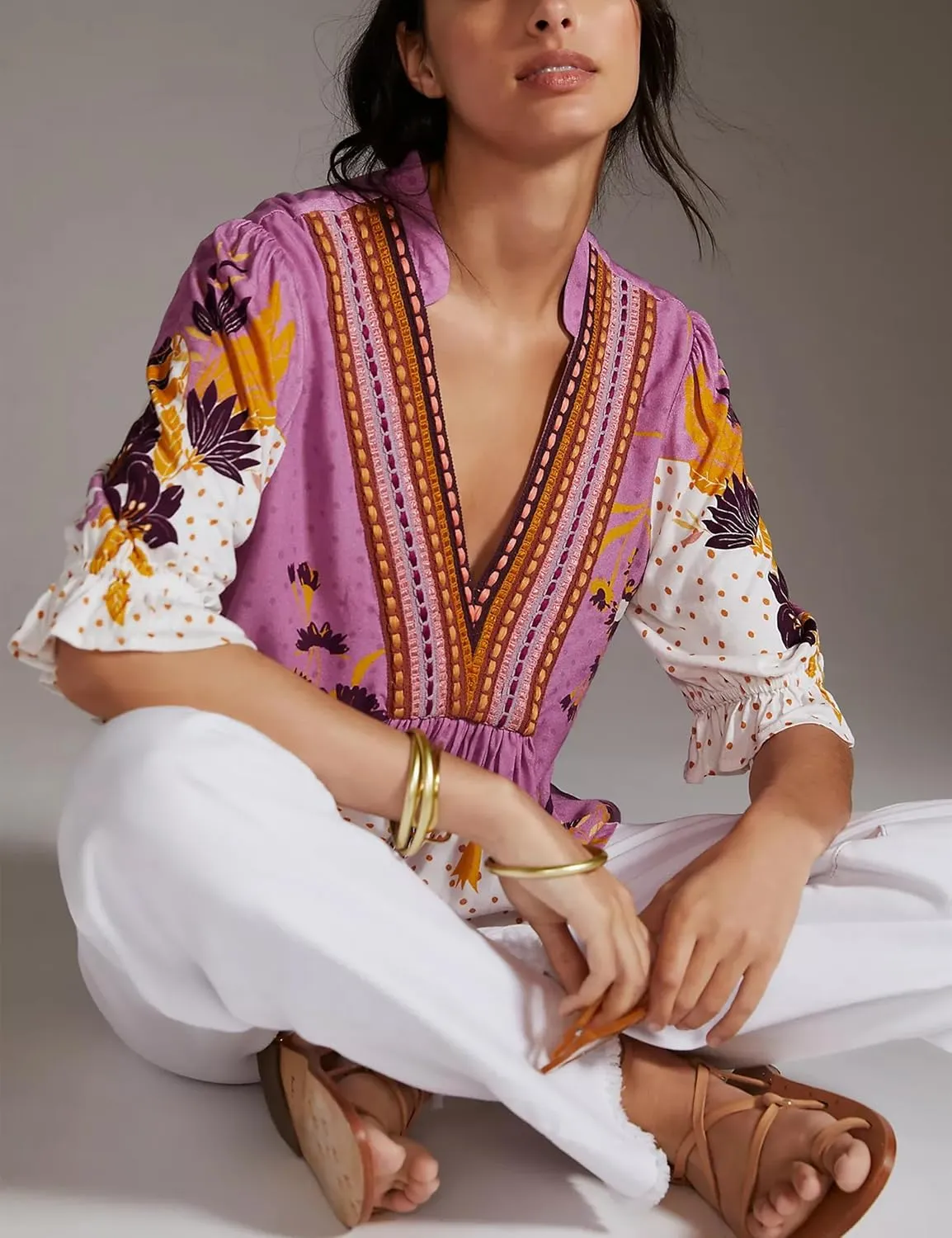 Women’s Summer Causal Boho Blouse Floral V Neck Ruffle Half Puff Sleeve Shirts 2025 Trendy Loose Fit Beach Tops