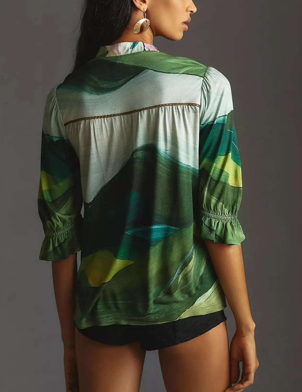 Women’s Summer Causal Boho Blouse Floral V Neck Ruffle Half Puff Sleeve Shirts 2025 Trendy Loose Fit Beach Tops