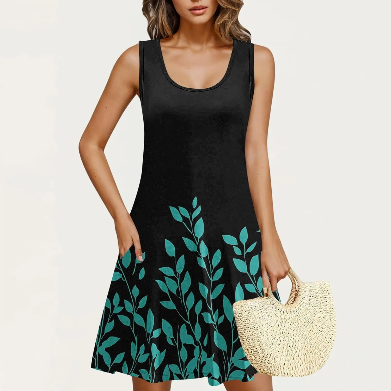 Womens Summer Dresses 2025 Trendy Crewneck Sleeveless Midi Dresses Casual Printed Vacation Boho Floral Dresses