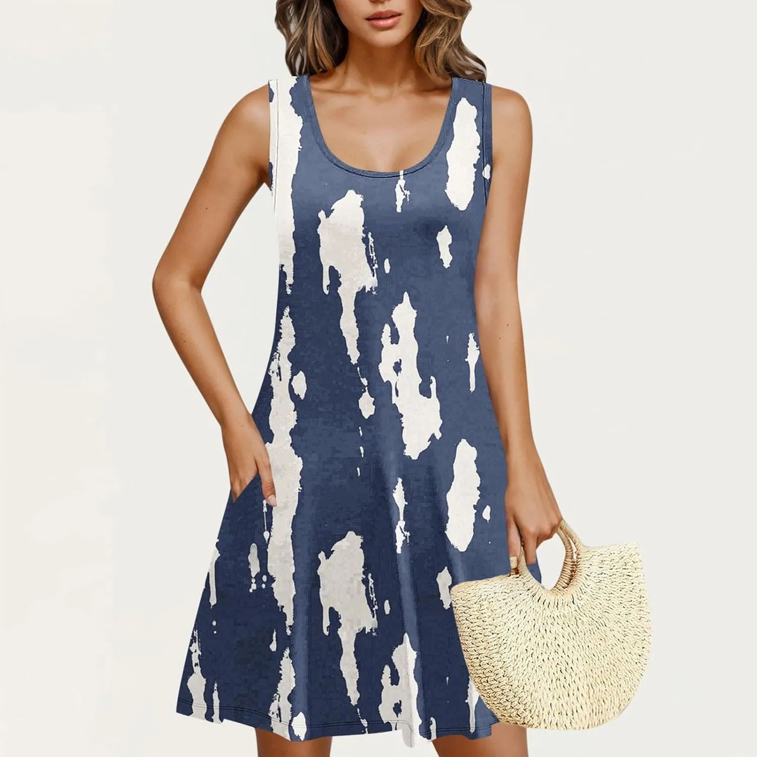 Womens Summer Dresses 2025 Trendy Crewneck Sleeveless Midi Dresses Casual Printed Vacation Boho Floral Dresses