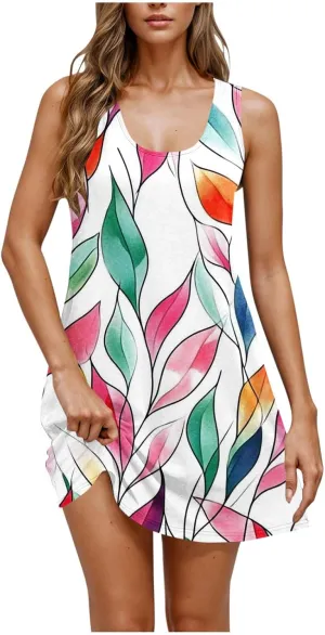 Womens Summer Dresses 2025 Trendy Crewneck Sleeveless Midi Dresses Casual Printed Vacation Boho Floral Dresses