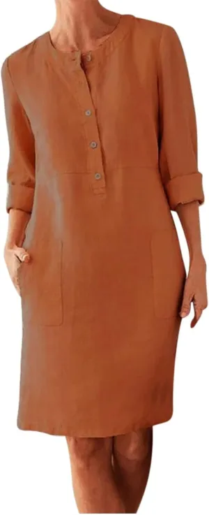 Womens Summer Dresses Plus Size Casual Cotton Linen Long Sleeve Mini Sundress Button Loose Fit Dress with Pockets