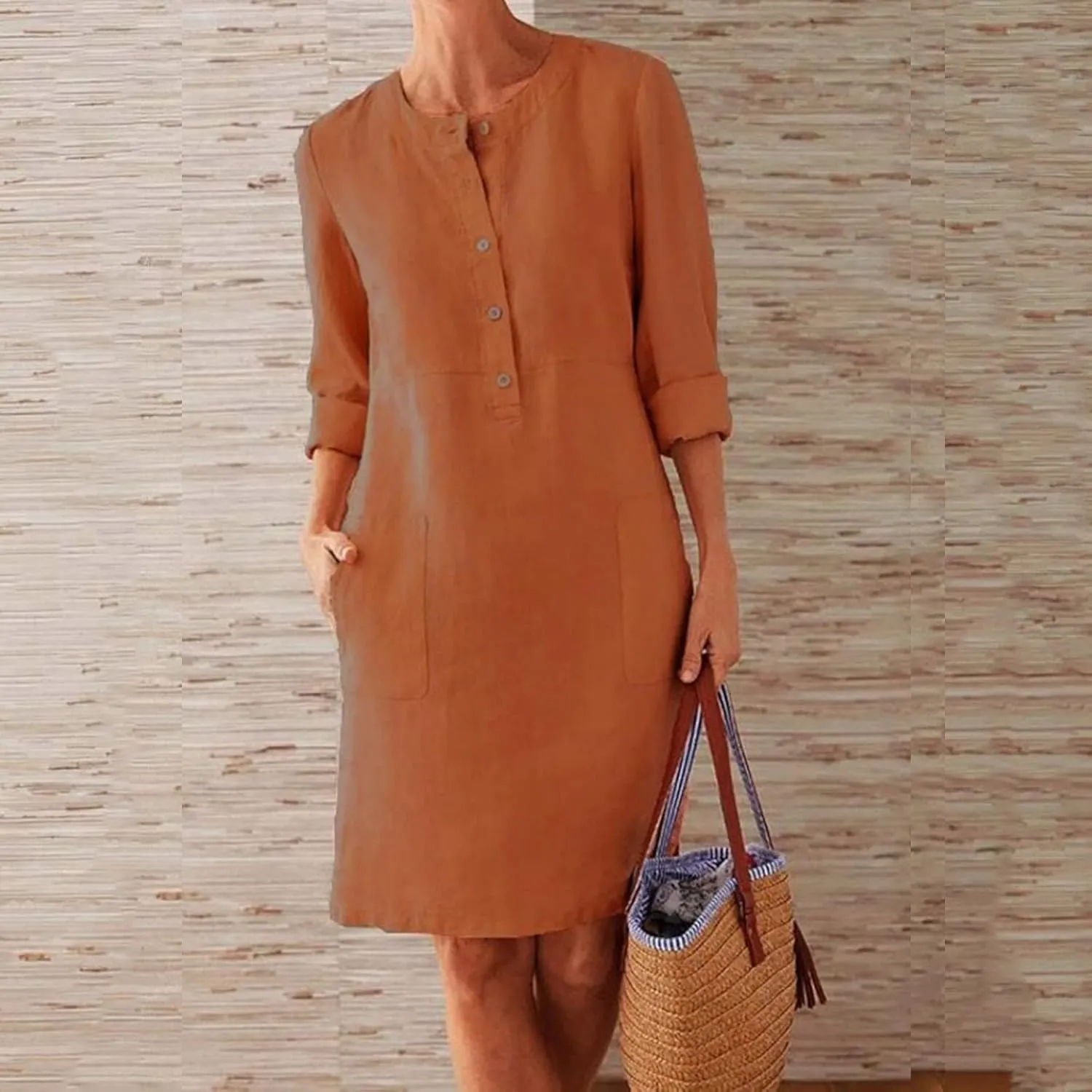 Womens Summer Dresses Plus Size Casual Cotton Linen Long Sleeve Mini Sundress Button Loose Fit Dress with Pockets