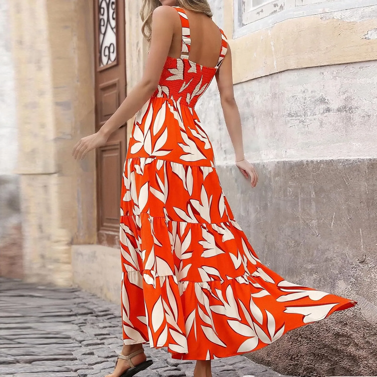 Women's Summer Floral Maxi Dress Sleeveless Smocked Ruffle Long Flowy Beach Vacation Boho Sundresses