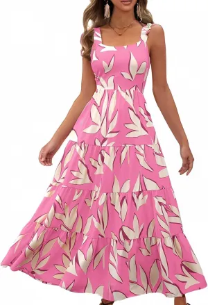 Women's Summer Floral Maxi Dress Sleeveless Smocked Ruffle Long Flowy Beach Vacation Boho Sundresses