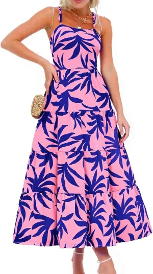 Women's Summer Floral Maxi Dress Sleeveless Smocked Ruffle Long Flowy Beach Vacation Boho Sundresses