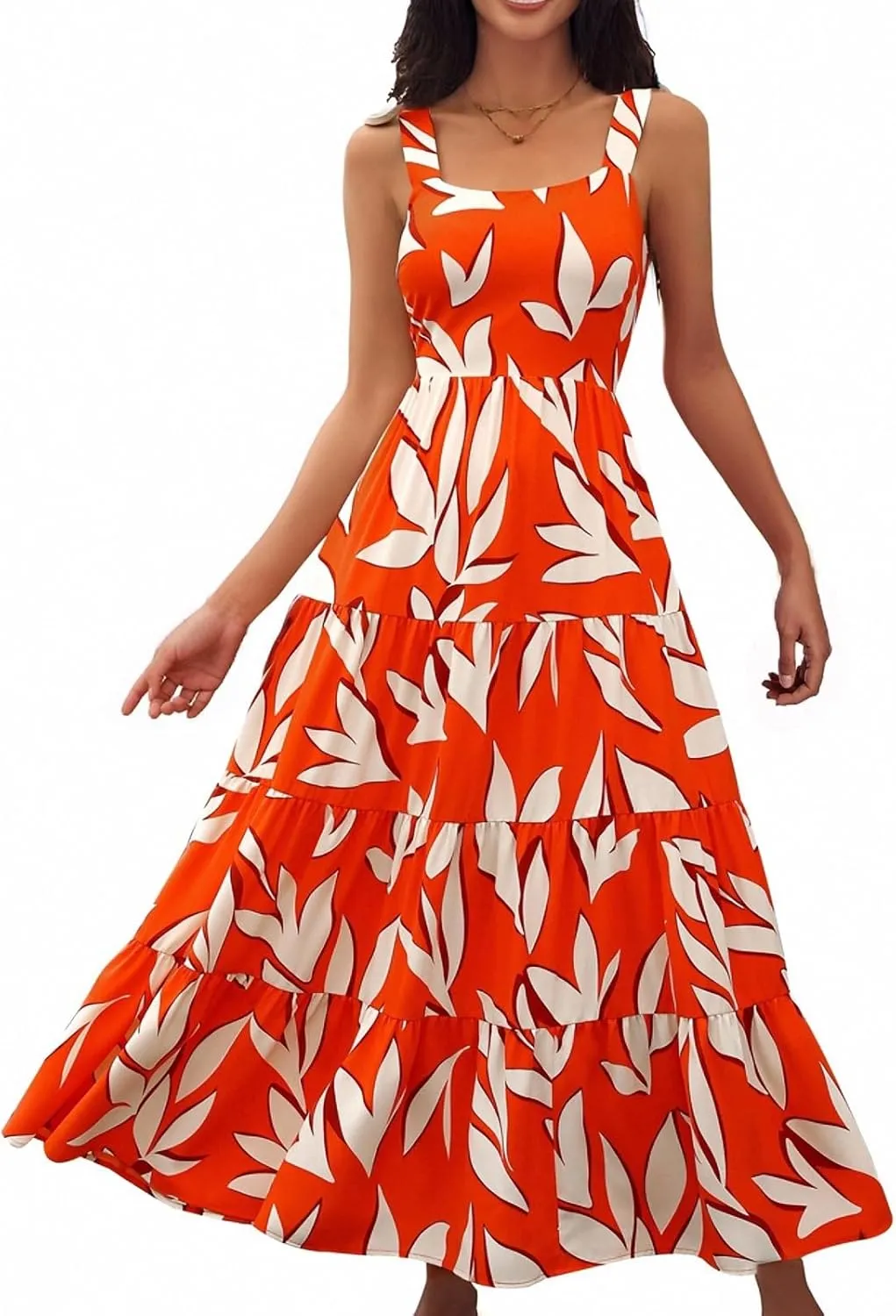 Women's Summer Floral Maxi Dress Sleeveless Smocked Ruffle Long Flowy Beach Vacation Boho Sundresses