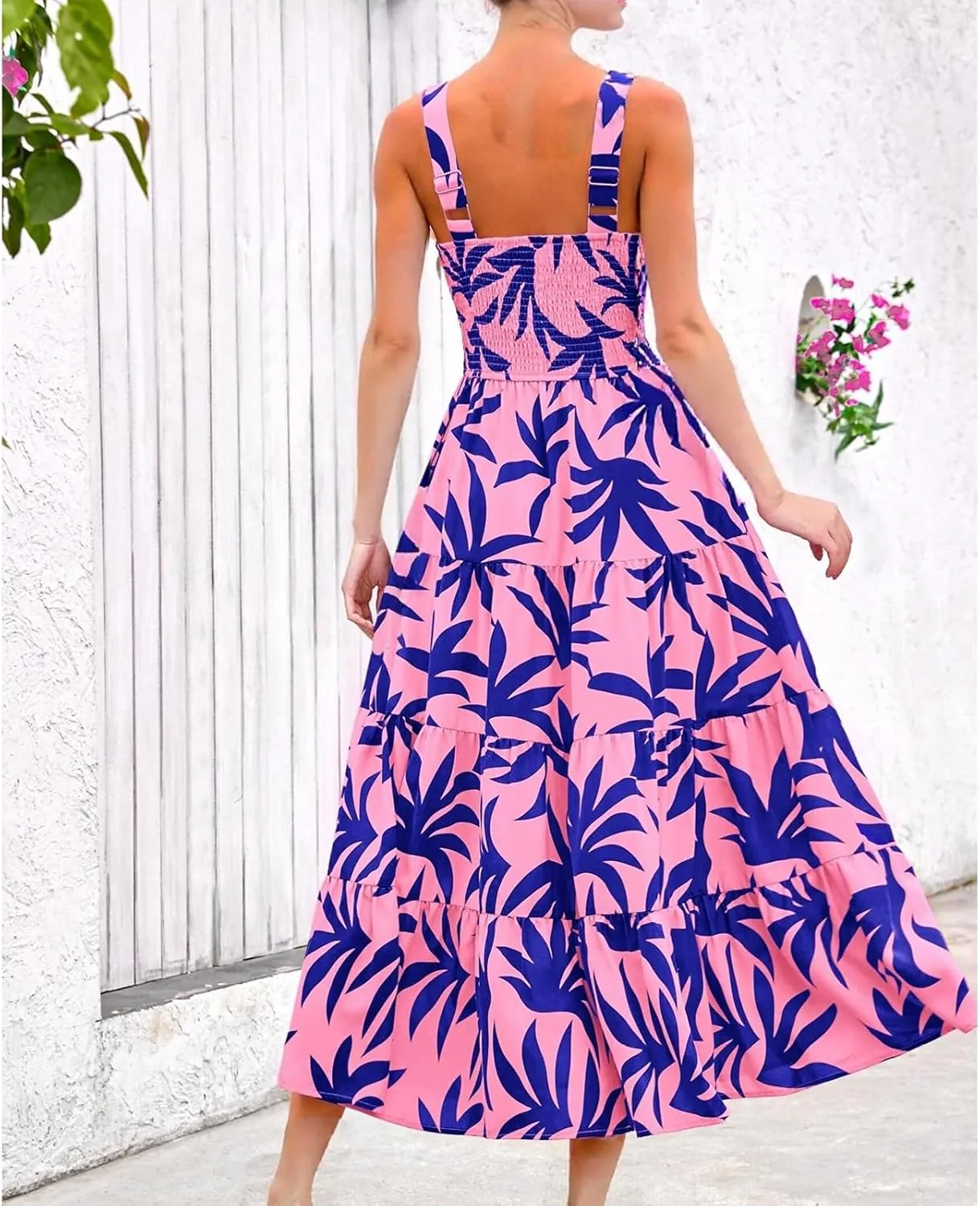 Women's Summer Floral Maxi Dress Sleeveless Smocked Ruffle Long Flowy Beach Vacation Boho Sundresses