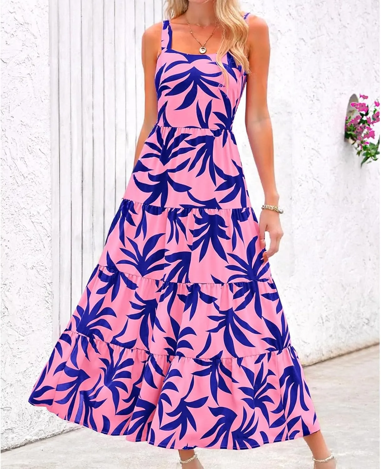 Women's Summer Floral Maxi Dress Sleeveless Smocked Ruffle Long Flowy Beach Vacation Boho Sundresses