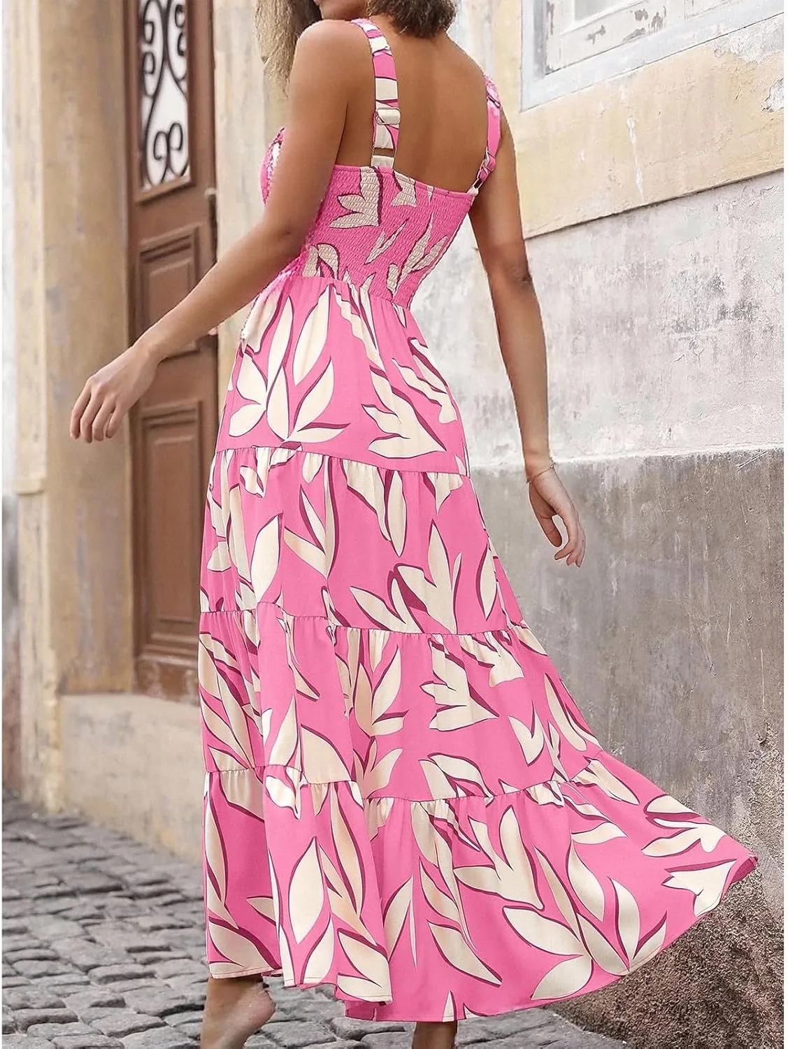 Women's Summer Floral Maxi Dress Sleeveless Smocked Ruffle Long Flowy Beach Vacation Boho Sundresses