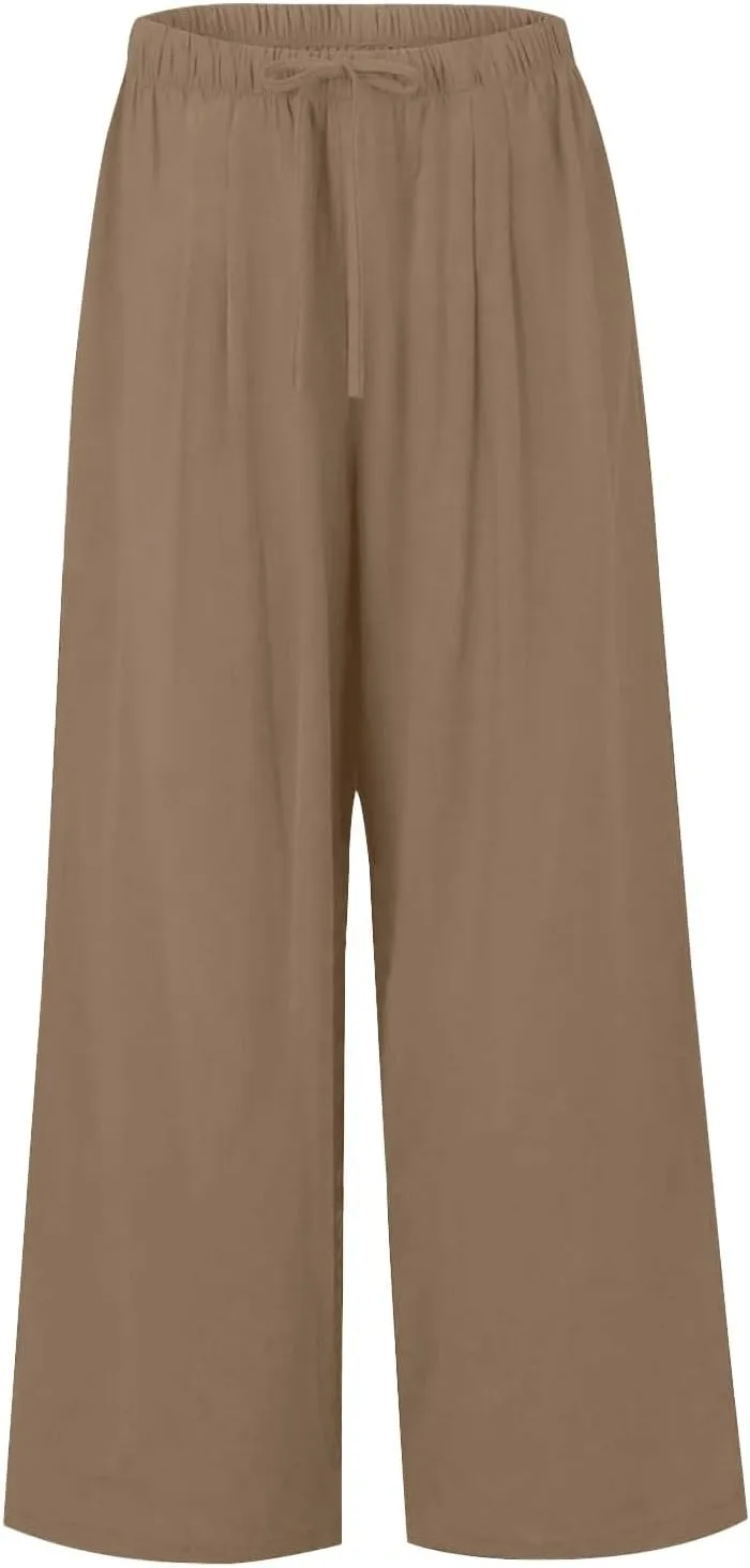 Women's Summer High Waist Linen Palazzo Pants Wide Leg Long Button Up Jogger Pant Trousers with Pocket