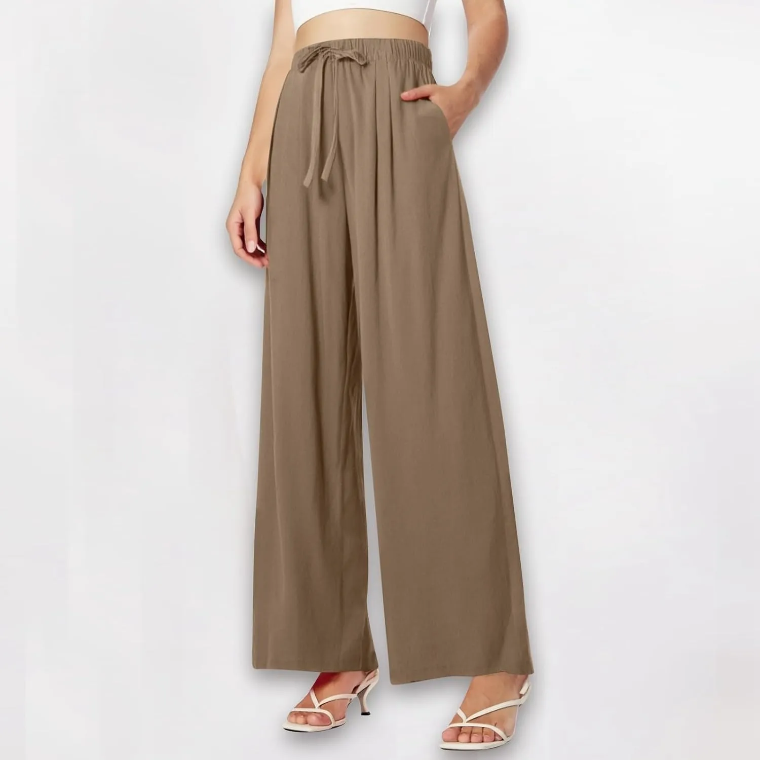 Women's Summer High Waist Linen Palazzo Pants Wide Leg Long Button Up Jogger Pant Trousers with Pocket