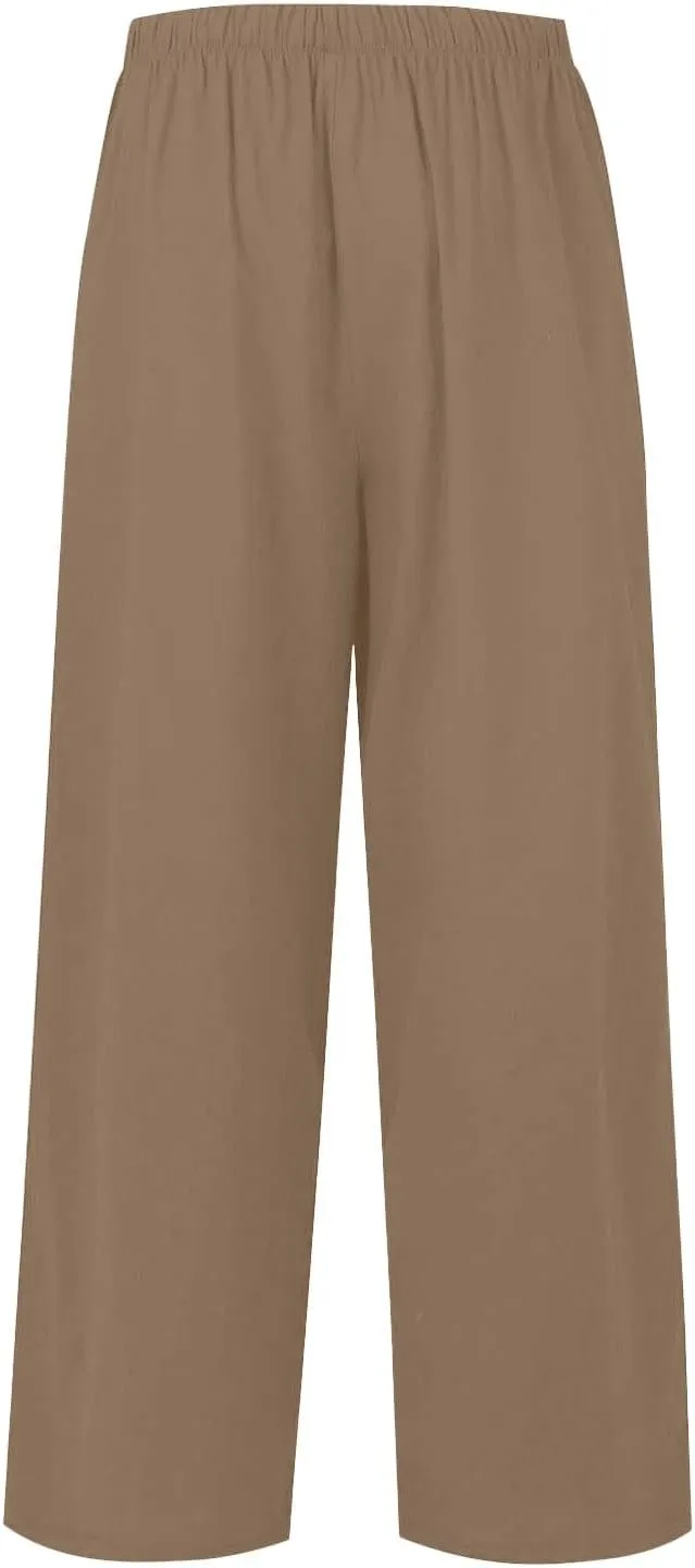 Women's Summer High Waist Linen Palazzo Pants Wide Leg Long Button Up Jogger Pant Trousers with Pocket