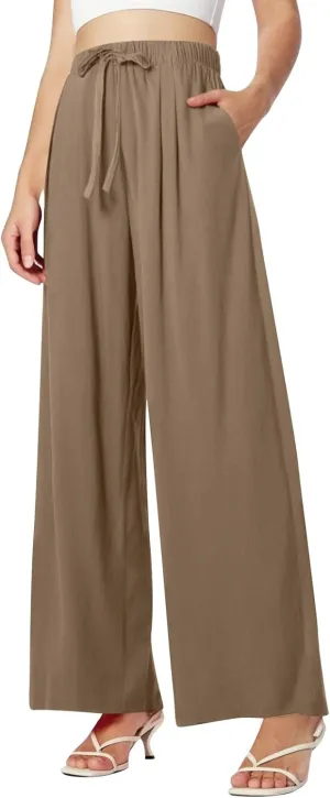 Women's Summer High Waist Linen Palazzo Pants Wide Leg Long Button Up Jogger Pant Trousers with Pocket