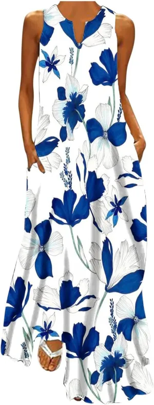 Womens Summer Maxi Dress 2024 Casual V Neck Floral Sleeveless Sun Dress Trendy Beach Vacation Long Flowy Dresses with Pocket