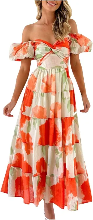 Womens Summer Vacation Dresses 2024 Trendy Bohemian Dresses Casual Long Maxi Dress Sexy Strapless Dresses