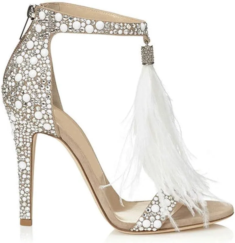 Women's Tassels Rhinestone Heeled Sandals Wedding Dress White Sandals Stiletto Heel Pearl