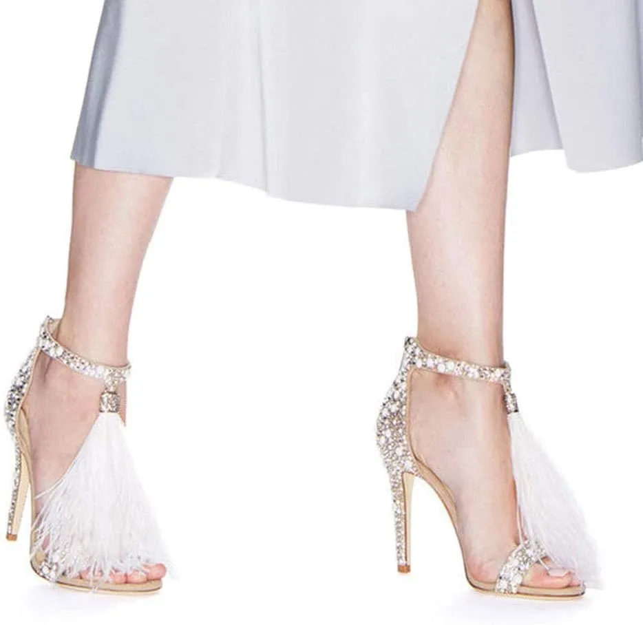 Women's Tassels Rhinestone Heeled Sandals Wedding Dress White Sandals Stiletto Heel Pearl