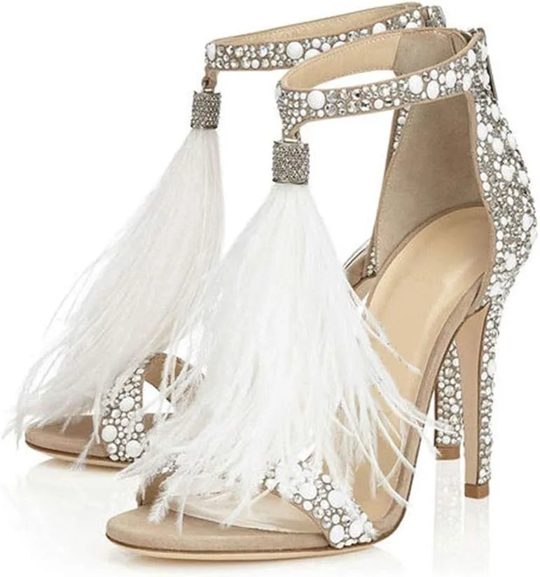 Women's Tassels Rhinestone Heeled Sandals Wedding Dress White Sandals Stiletto Heel Pearl