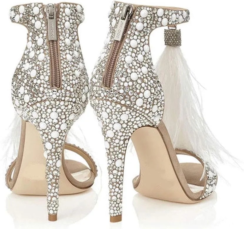 Women's Tassels Rhinestone Heeled Sandals Wedding Dress White Sandals Stiletto Heel Pearl