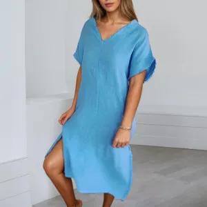 Women's V-Neck Casual Cotton Linen Maxi Dress Summer Solid Color Plus Size Short Sleeve Long Dresses