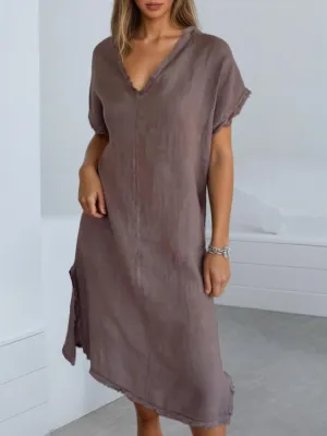 Women's V-Neck Casual Cotton Linen Maxi Dress Summer Solid Color Plus Size Short Sleeve Long Dresses