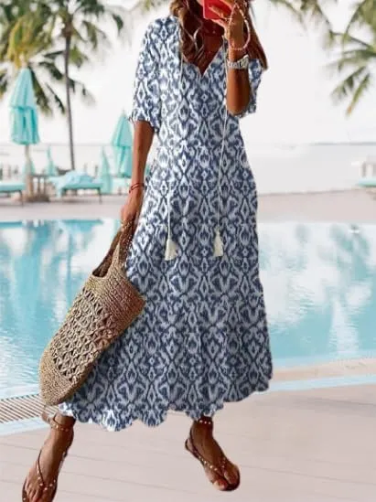 Women's V-Neck Floral Maxi Dress Ruffled Half Sleeves Loose Beach Casual Summer Long Dress with Fringed Drawstring