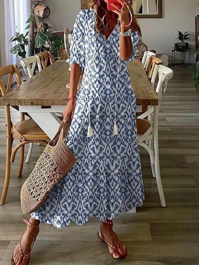 Women's V-Neck Floral Maxi Dress Ruffled Half Sleeves Loose Beach Casual Summer Long Dress with Fringed Drawstring