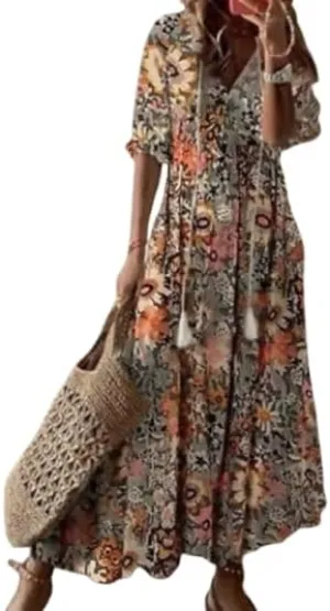 Women's V-Neck Floral Maxi Dress Ruffled Half Sleeves Loose Beach Casual Summer Long Dress with Fringed Drawstring