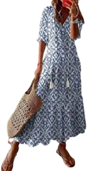 Women's V-Neck Floral Maxi Dress Ruffled Half Sleeves Loose Beach Casual Summer Long Dress with Fringed Drawstring