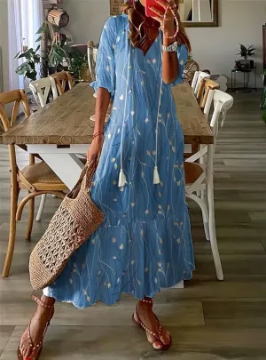 Women's V-Neck Floral Maxi Dress Ruffled Half Sleeves Loose Beach Casual Summer Long Dress with Fringed Drawstring