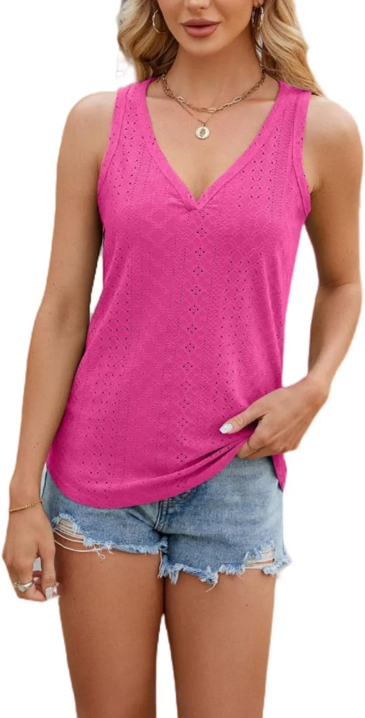 Women's V Neck Tank Tops Summer Sleeveless Solid Color Casual Basic T-Shirt Classic Fit Vest Tees Cute Tunic Shirts