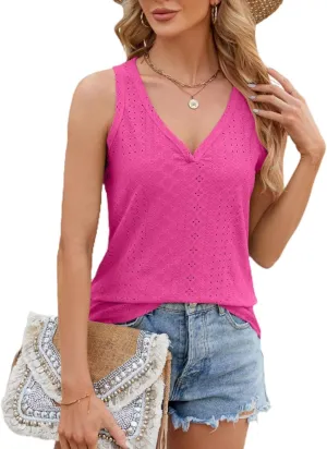 Women's V Neck Tank Tops Summer Sleeveless Solid Color Casual Basic T-Shirt Classic Fit Vest Tees Cute Tunic Shirts
