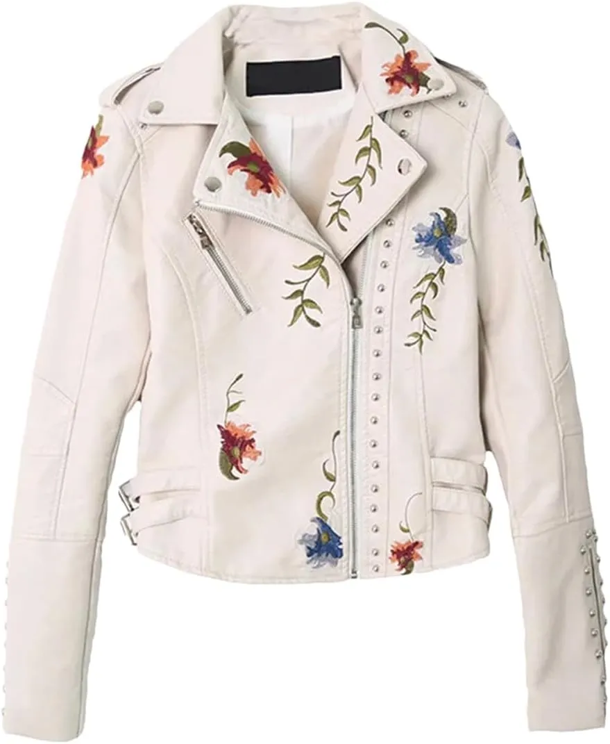 Women’S Vintage PU Leather Jacket Rivet Beaded Flower Embroidery Zipper Closure Casual Long Sleeve Coat