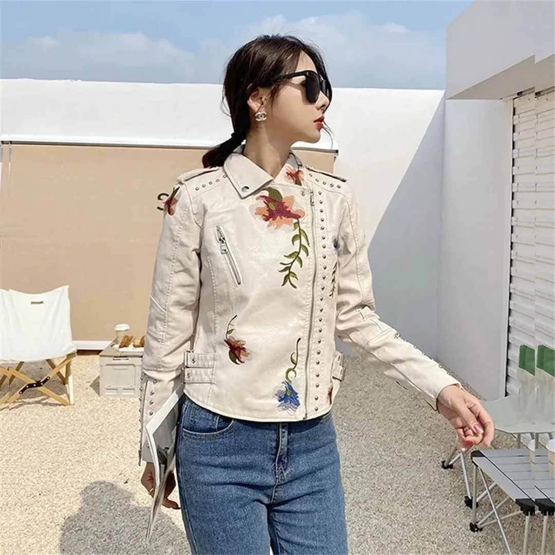 Women’S Vintage PU Leather Jacket Rivet Beaded Flower Embroidery Zipper Closure Casual Long Sleeve Coat