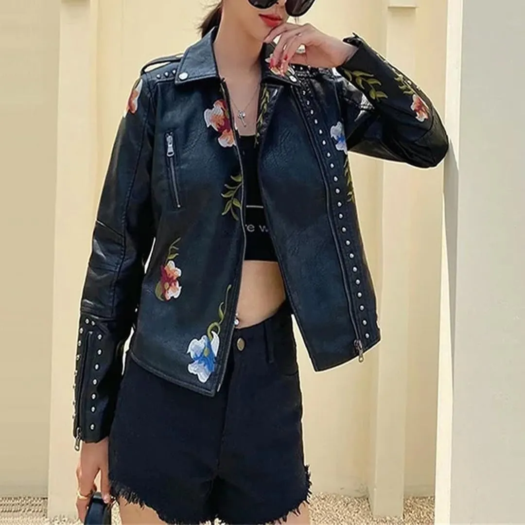 Women’S Vintage PU Leather Jacket Rivet Beaded Flower Embroidery Zipper Closure Casual Long Sleeve Coat