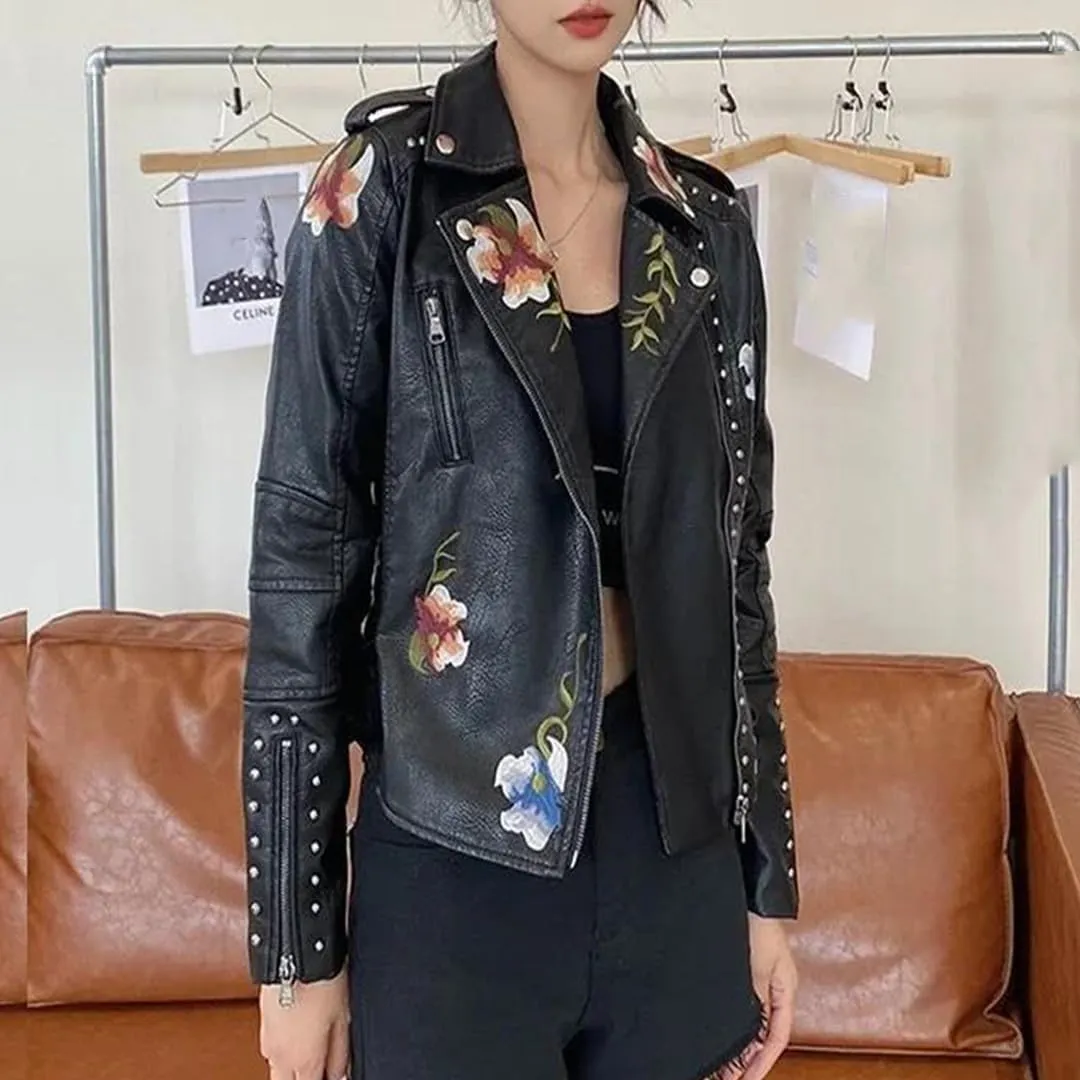 Women’S Vintage PU Leather Jacket Rivet Beaded Flower Embroidery Zipper Closure Casual Long Sleeve Coat