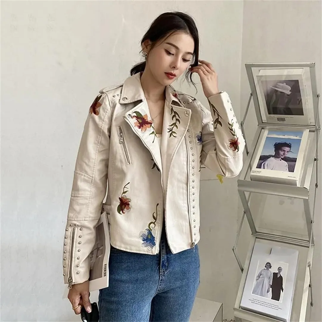 Women’S Vintage PU Leather Jacket Rivet Beaded Flower Embroidery Zipper Closure Casual Long Sleeve Coat