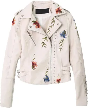 Women’S Vintage PU Leather Jacket Rivet Beaded Flower Embroidery Zipper Closure Casual Long Sleeve Coat