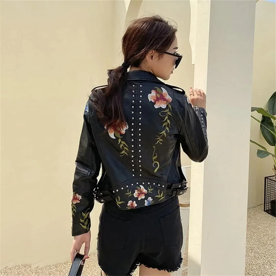 Women’S Vintage PU Leather Jacket Rivet Beaded Flower Embroidery Zipper Closure Casual Long Sleeve Coat