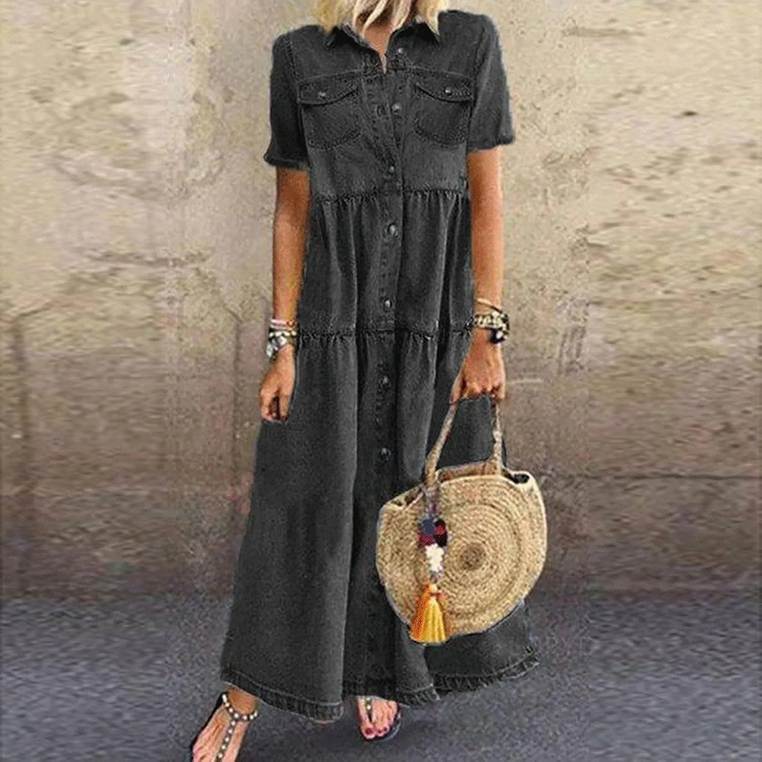 Women's Vintage Short Sleeve Blue Jean Shirt Dress Button Up Denim Dress Summer Jean Shirt Dress Flowy Fall Long Dress
