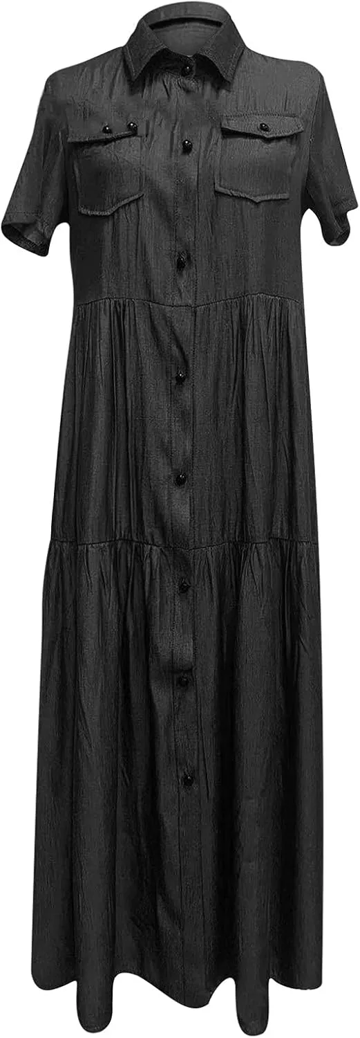 Women's Vintage Short Sleeve Blue Jean Shirt Dress Button Up Denim Dress Summer Jean Shirt Dress Flowy Fall Long Dress